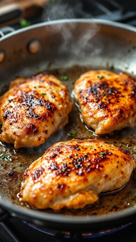 Searing chicken breasts in a stainless steel skillet with visible caramelization and steam, a meat thermometer at the side