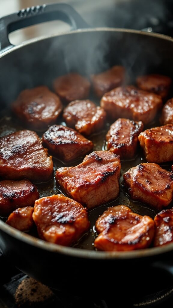 Searing wild boar chunks in a dutch oven, some pieces caramelized and others uncooked, with visible steam rising.