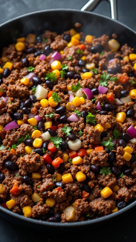 Crispy Bell Pepper Nachos (Keto-Friendly, Gluten-Free) 6 Skillet with steaming seasoned ground beef mixed with diced eggplant, red onions, black beans, and corn