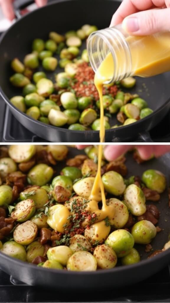 Brussels Sprout Hash 7 Seasonings including red pepper flakes and fresh thyme falling onto partially cooked sprouts in a skillet, with dijon mustard being drizzled over