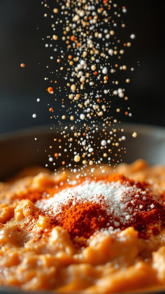 Keto Buffalo Chicken Dip (Easy, Low-Carb Party Favorite) 5 Seasonings including garlic powder, paprika, and salt being sprinkled on a creamy chicken mixture