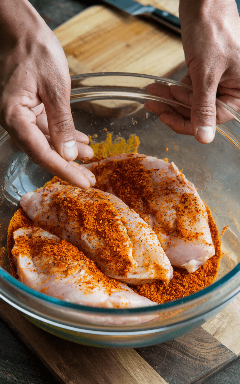 Hands sprinkling a colorful spice blend over raw chicken breasts in a mixing bowl.