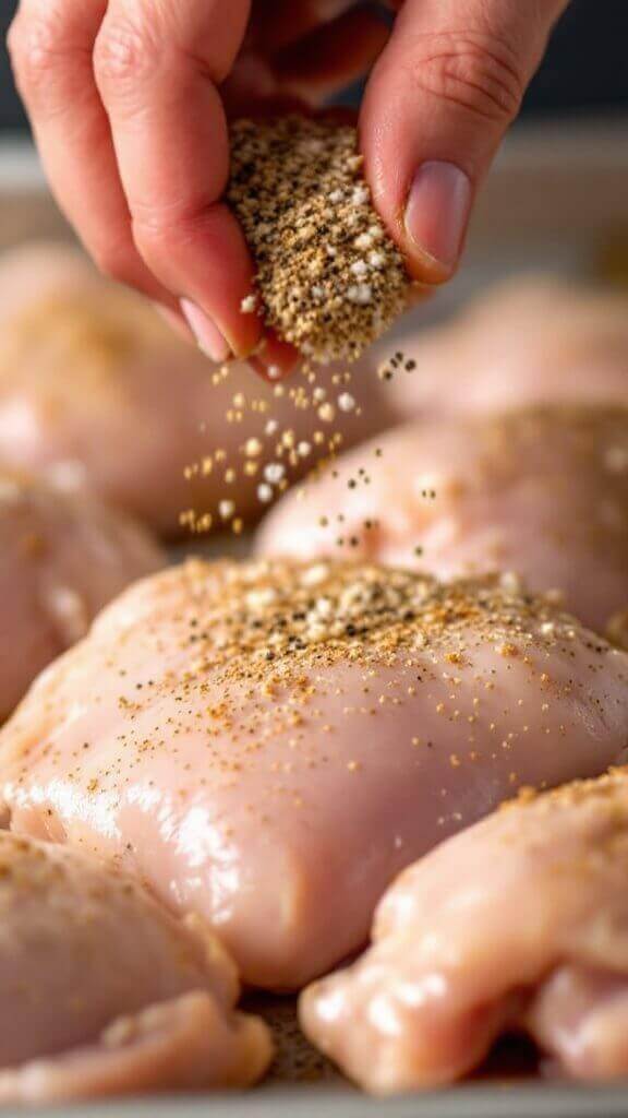 Crispy Buffalo Chicken Thighs (Oven-Baked &Amp; Foolproof) 3 Hands sprinkling homemade seasoning on raw chicken thighs