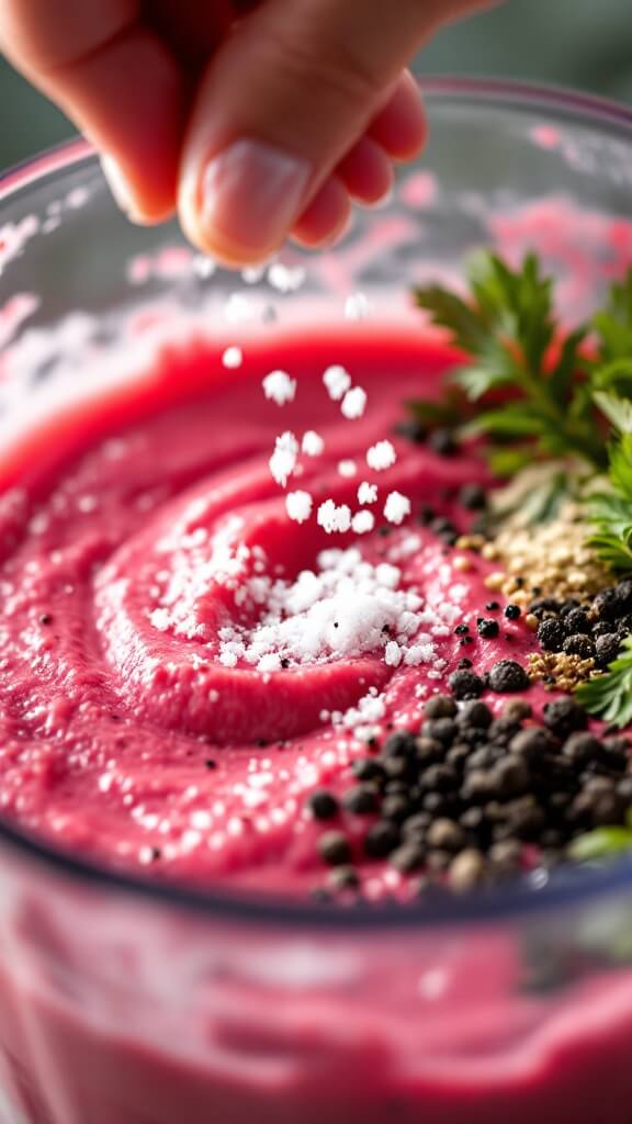 Watermelon Gazpacho - A Refreshing No-Cook Summer Soup 6 Hand sprinkling sea salt and cracked black pepper into pink blended soup