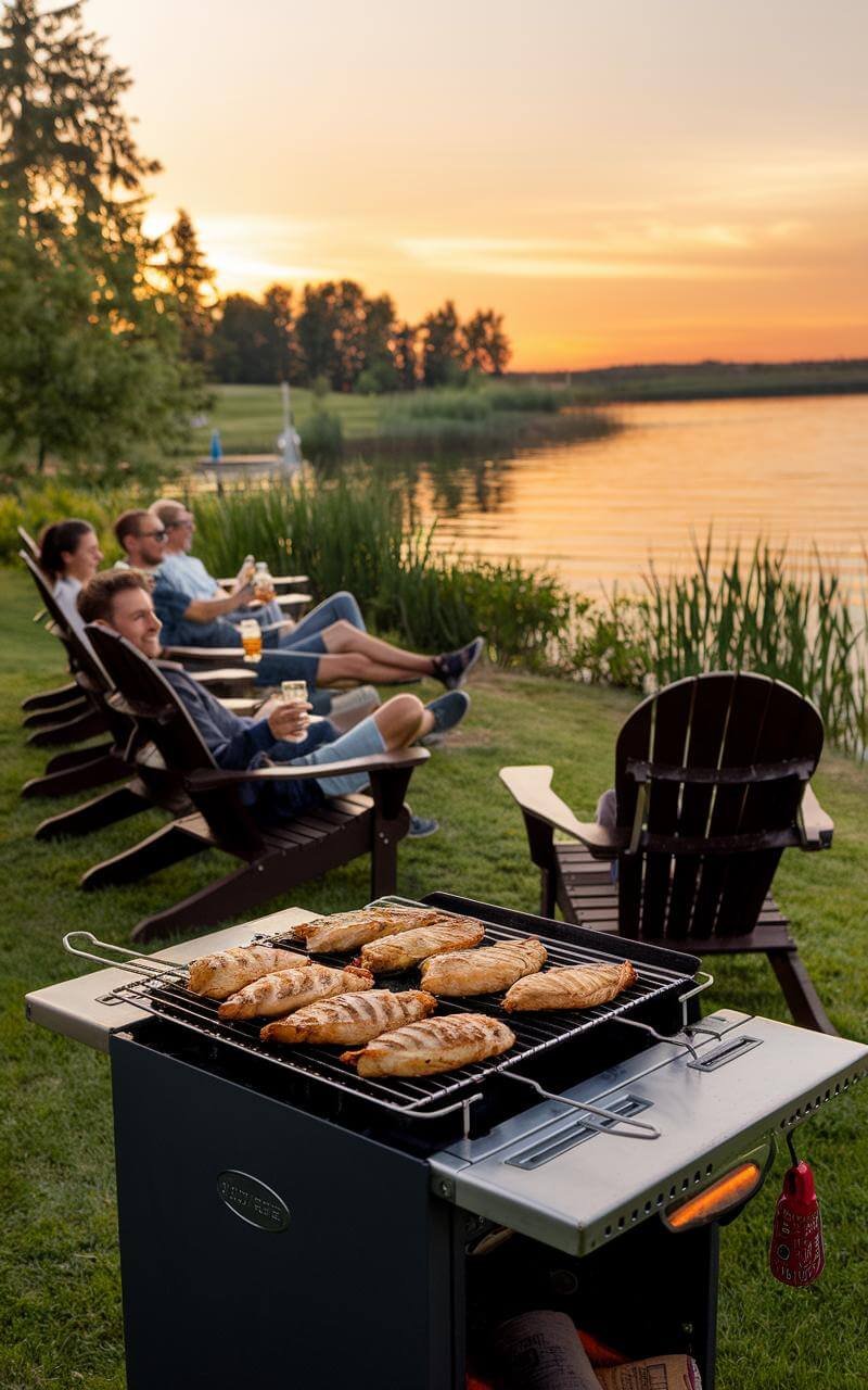 People grilling by a calm lakeside at sunset with a peaceful, scenic view