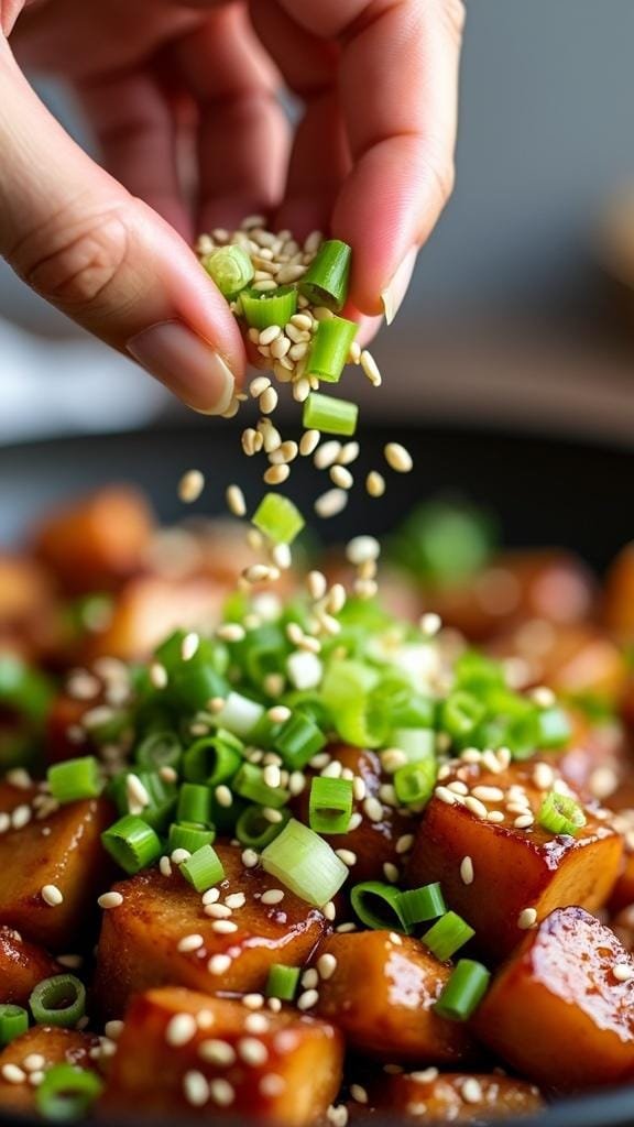 Stir-fry dish with green onions, teriyaki sauce, and sesame seeds.