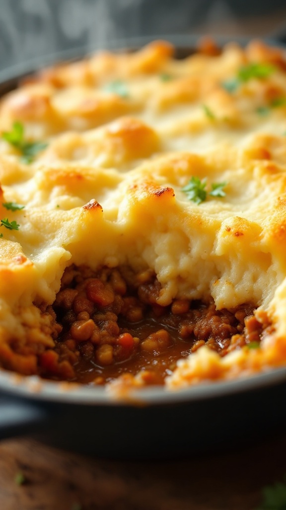 Freshly baked shepherd's pie with golden brown, crispy cauliflower mash and bubbling meat sauce