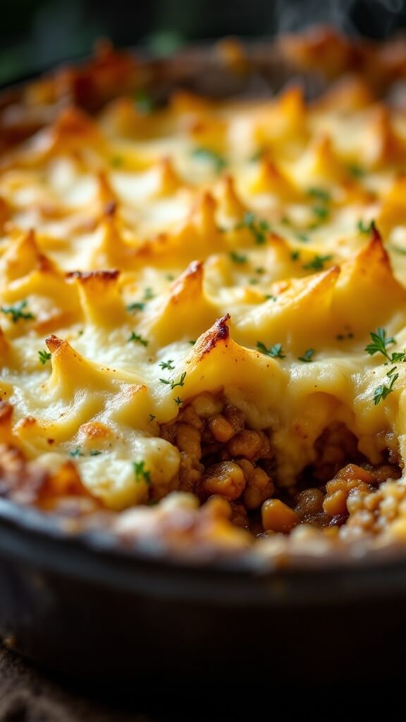 Freshly baked golden-brown shepherd's pie with crispy potato peaks, bubbling edges, and slight caramelization, steam rising from the dish.