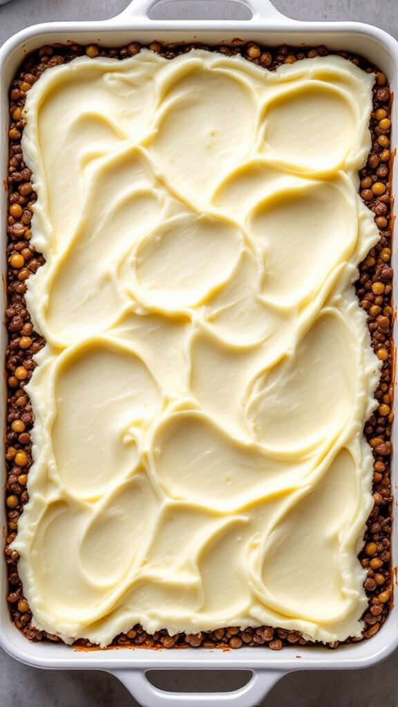 Baked lentil mixture in a 9x13 dish, topped with mashed potatoes with fork marks