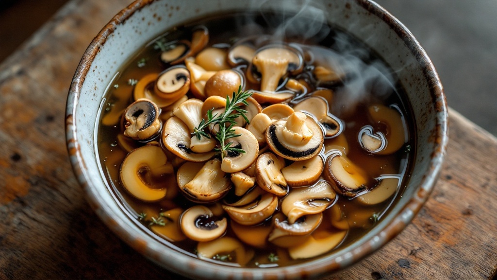 "steaming bowl of umami-rich shiitake mushroom soup with thyme and olive oil droplets, on a rustic wooden table, under natural window light. "