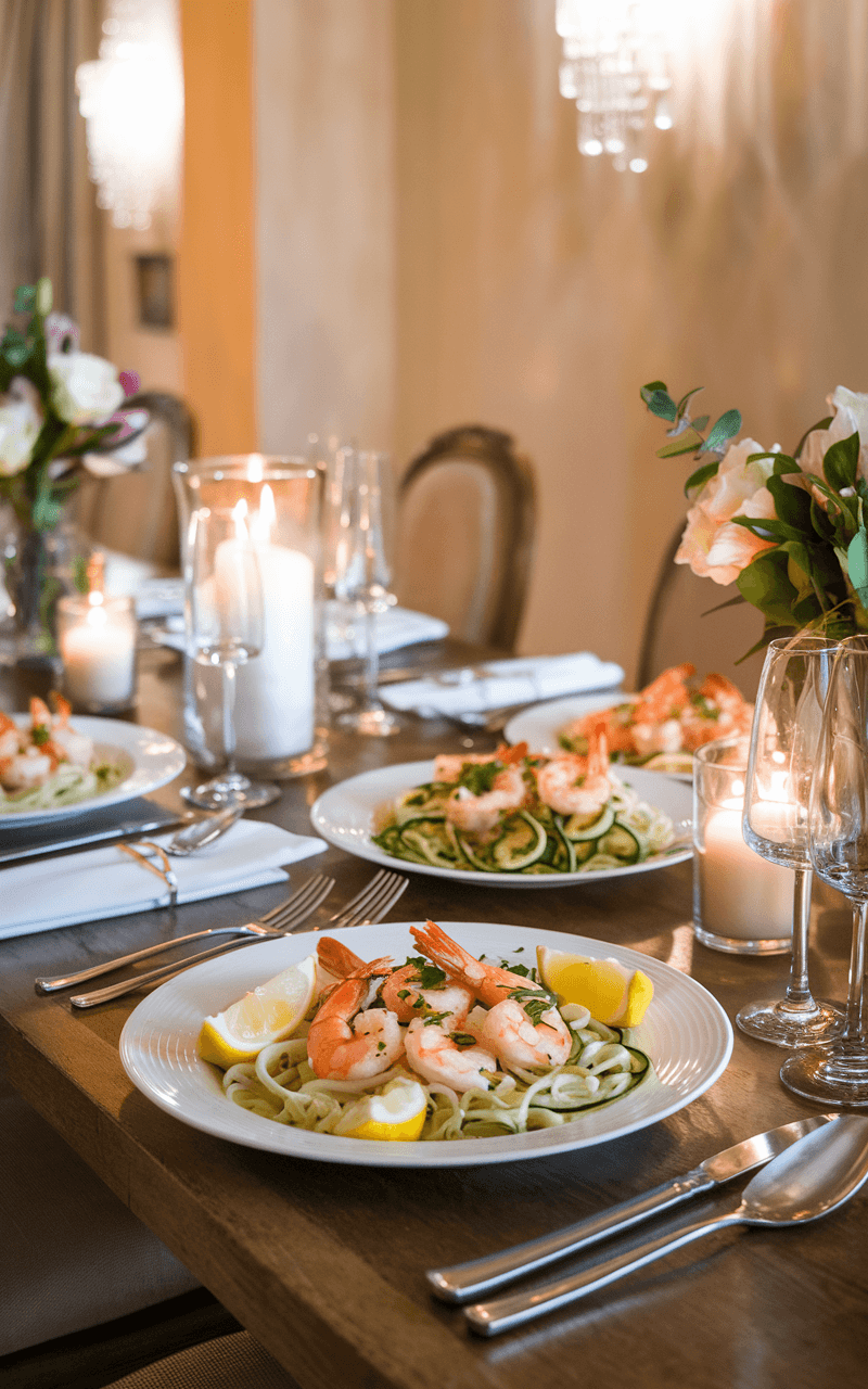 A stylish dining table set for four, featuring plates of shrimp scampi over zucchini noodles, garnished with lemon wedges and fresh herbs, with steam rising from the dishes.