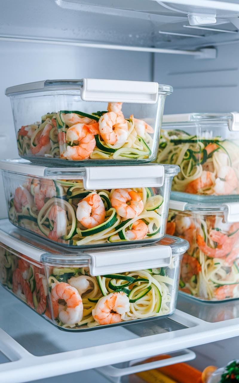 A refrigerator shelf with neatly arranged clear glass containers holding leftover shrimp scampi with zucchini noodles.