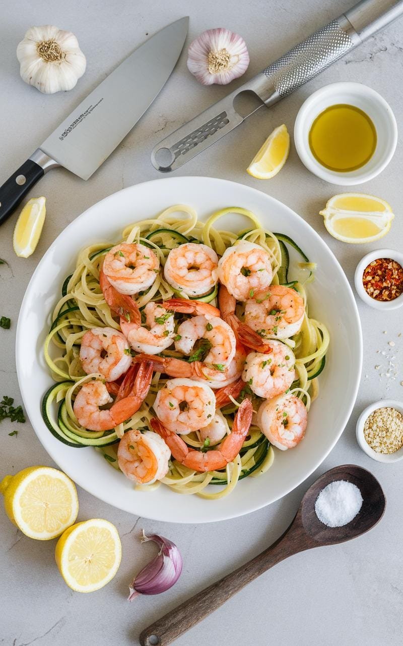 Overhead view of shrimp scampi with zucchini noodles topped with parsley and lemon wedges.