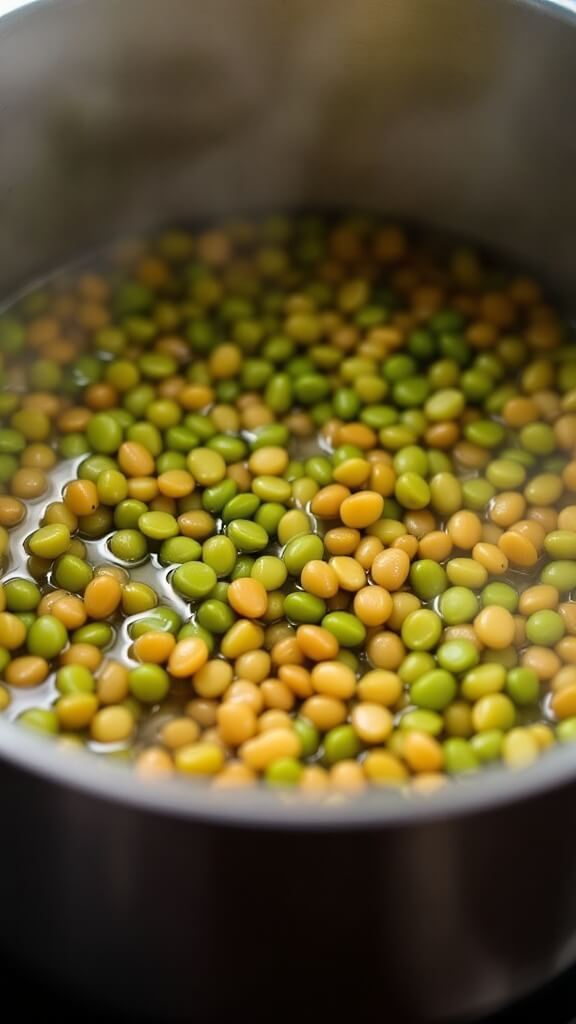 Simmering pot of green and brown lentils cooking in water