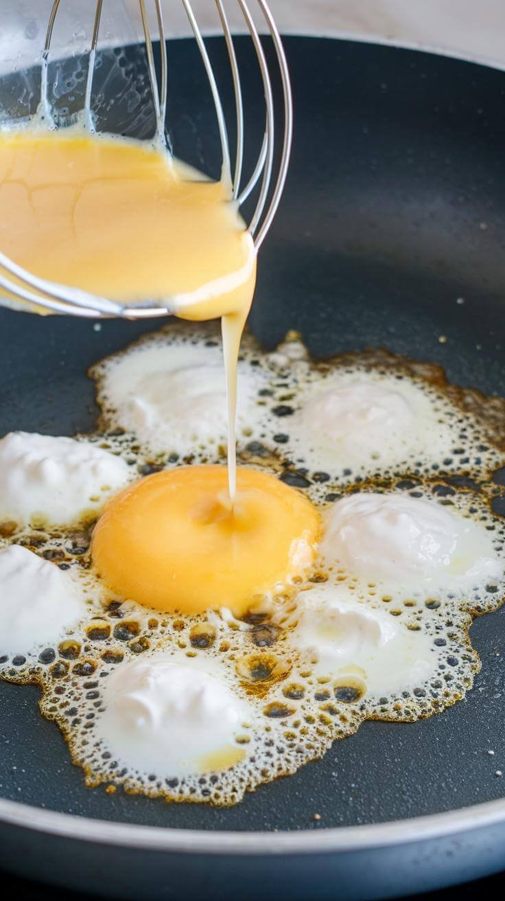 Whisked egg whites being poured into a hot pan, with a sizzle as they spread and begin to cook.