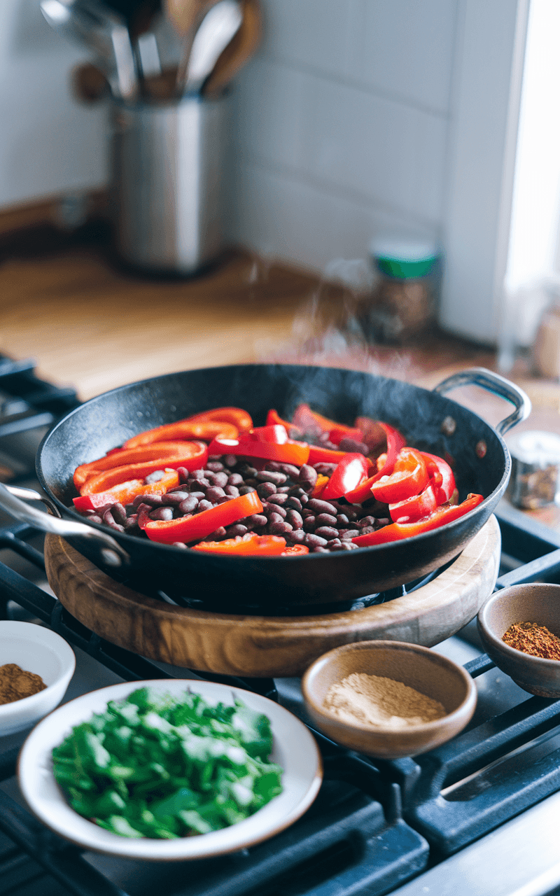A skillet filled with sliced red bell peppers and black beans on a stovetop, surrounded by small bowls of spices and a plate of freshly minced cilantro.