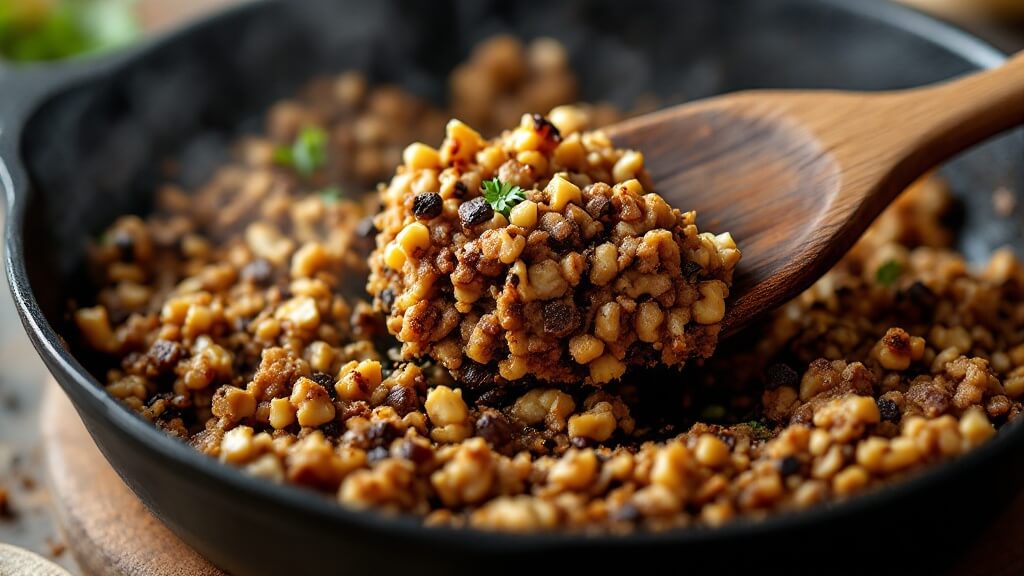 Walnut Mushroom Taco &Quot;Meat&Quot; (Vegan, 20-Minute Recipe) 2 "close-up shot of sizzling walnut-mushroom taco "meat" in a cast iron skillet, with visible spices and steam rising, being lifted by a wooden spatula under natural lighting. "