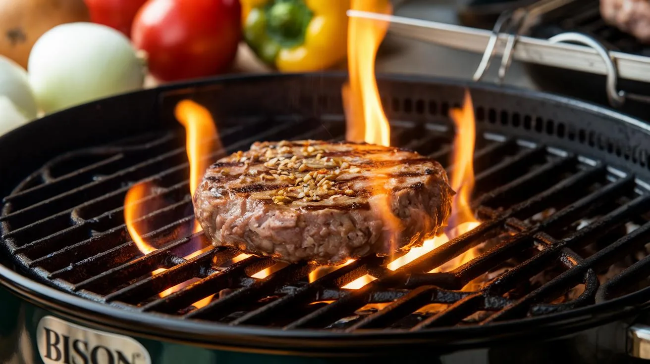 "close-up image of sizzling bison patty with seasoning on hot grill with visible flames"