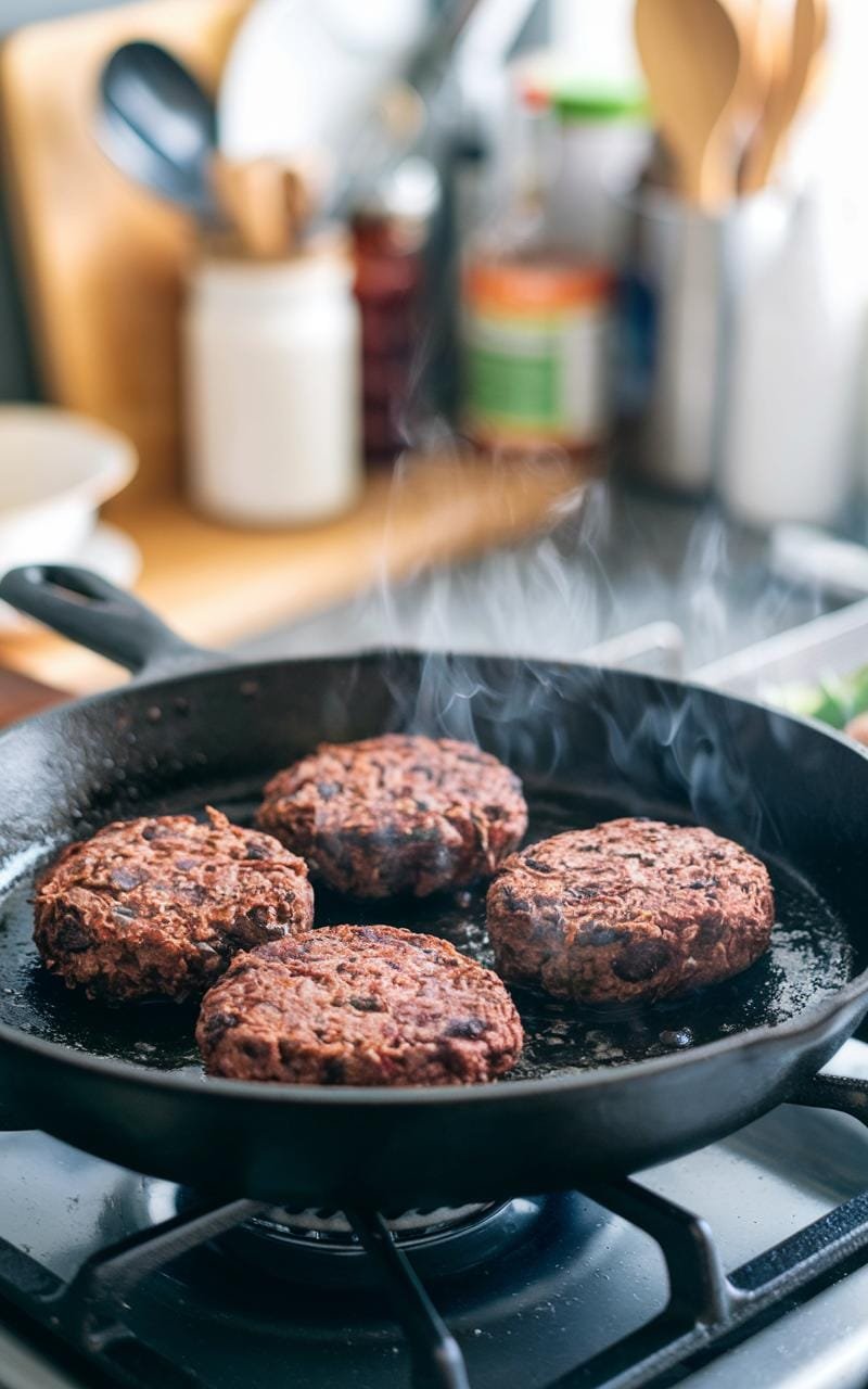 Sizzling black bean burgers on a grill with seared edges.