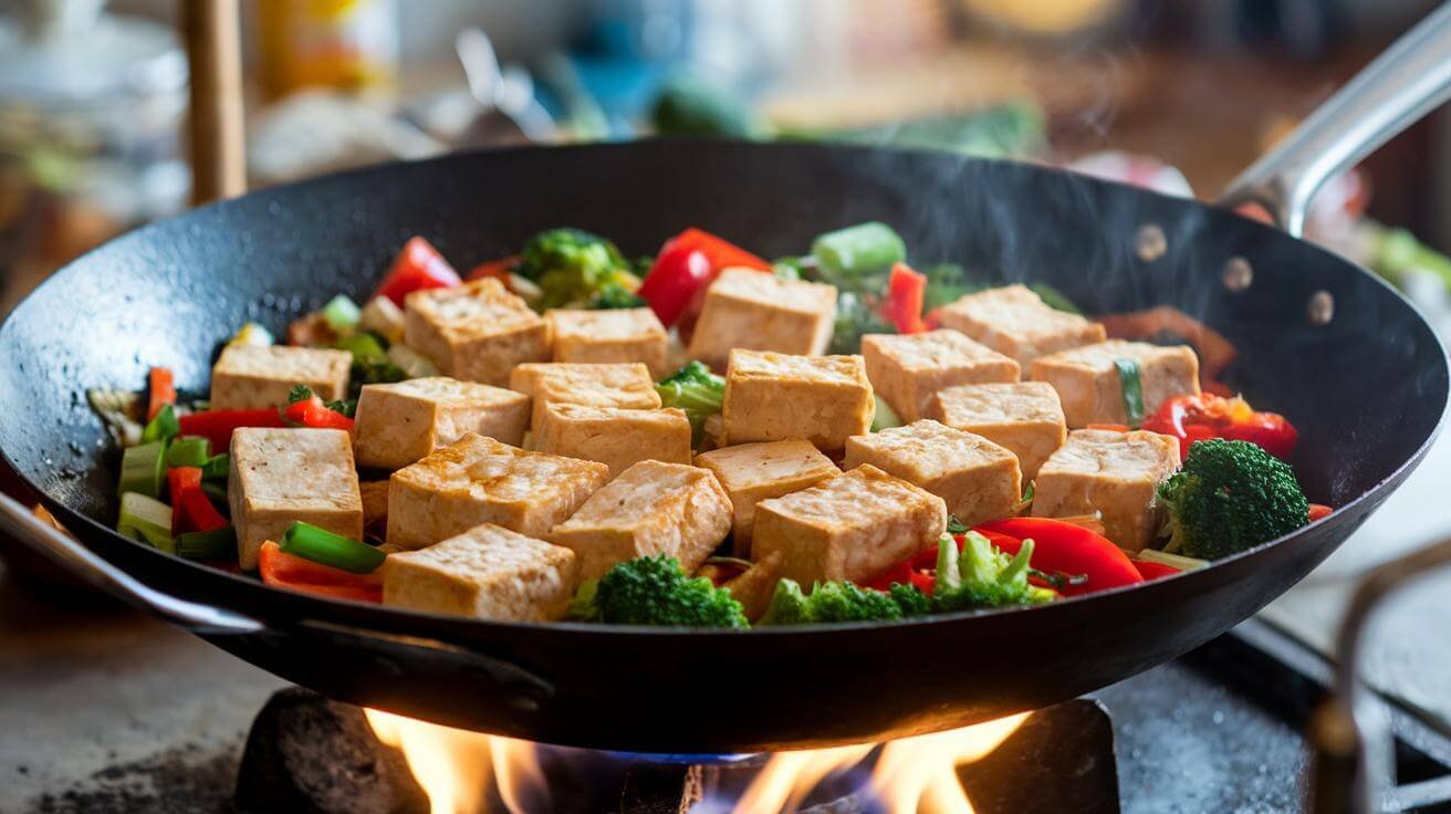 "sizzling golden-brown tofu cubes in a wok with colorful vegetables"