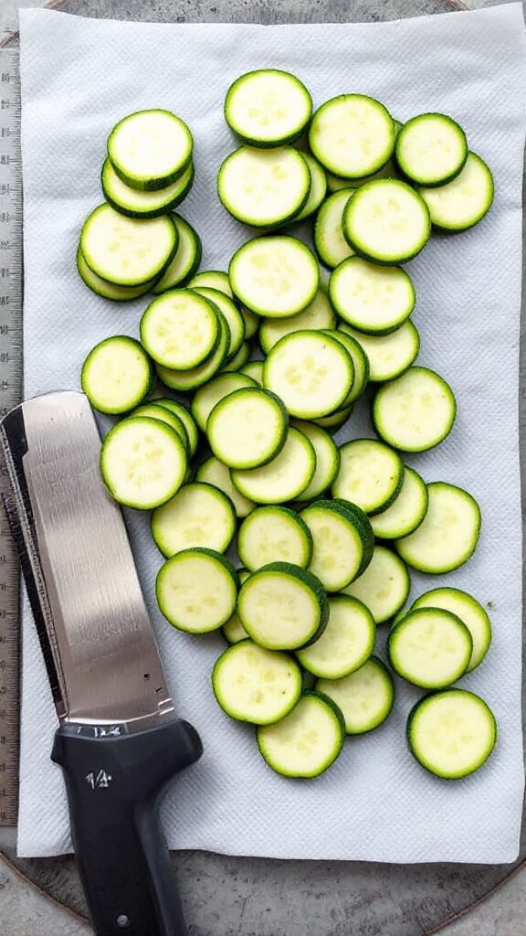 Overhead view of uniformly sliced zucchini rounds on a white paper towel, with a mandolin slicer and a ruler showing 1/4 inch thickness
