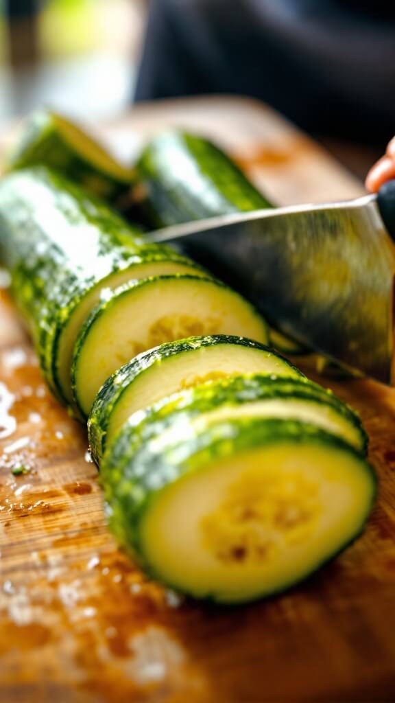 Chef precisely slicing fresh zucchini lengthwise on a wooden cutting board under natural lighting
