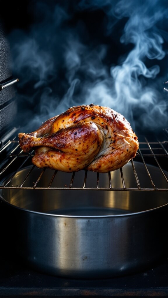Whole raw turkey breast being brined in a clear container with herbs and peppercorns