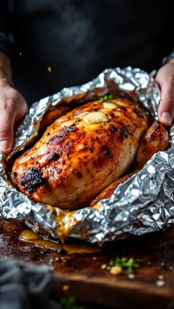 Dramatic image of hands wrapping buttery smoked turkey breast in aluminum foil