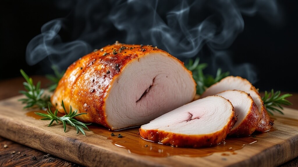 "smoked turkey breast on rustic wooden board, perfectly sliced to show pink smoke ring and juicy meat, garnished with rosemary and thyme"