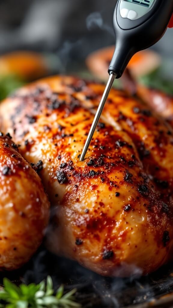 Hands spreading softened butter under the skin of a cleaned turkey breast on a wooden cutting board