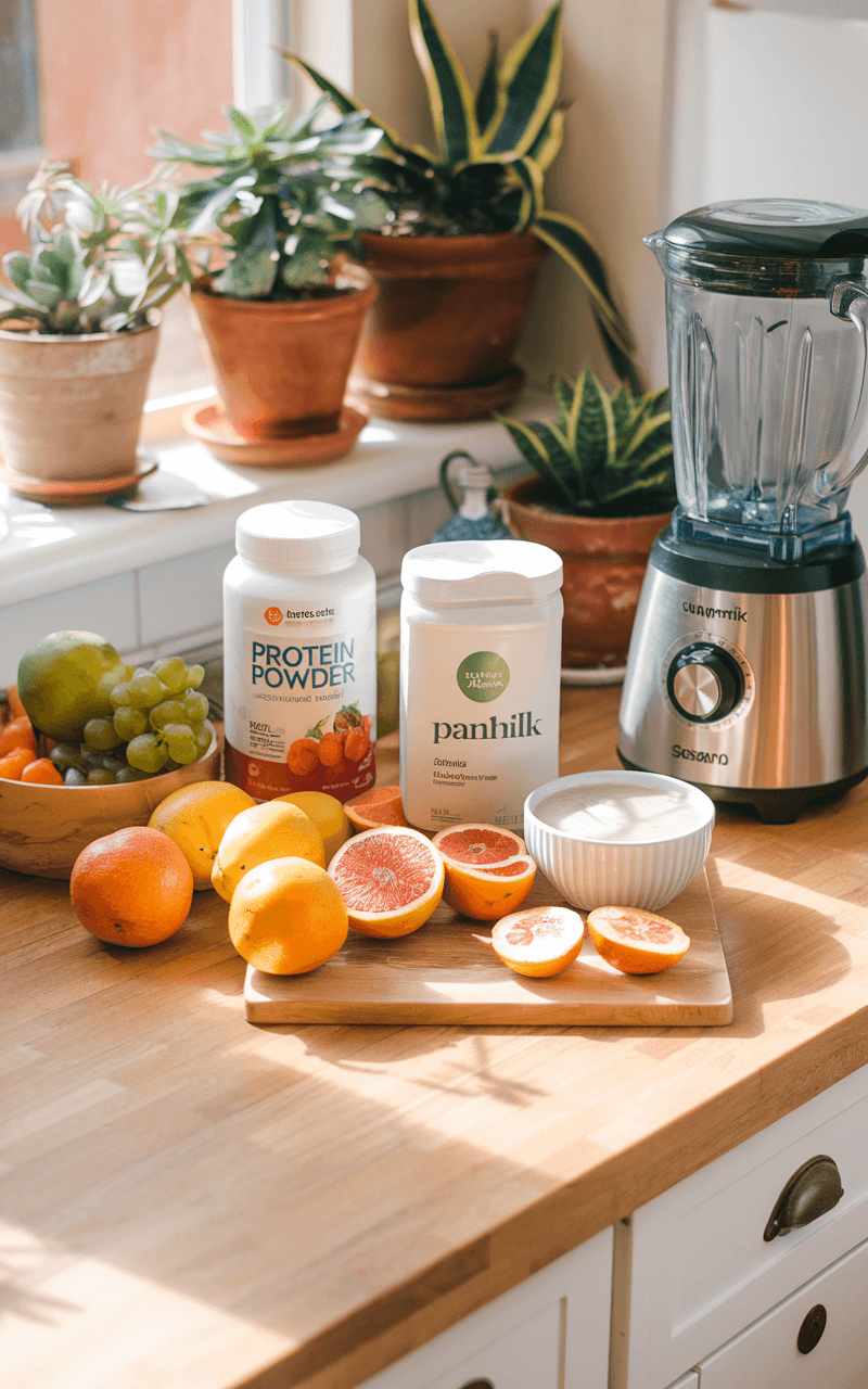 Protein Smoothie Bowl: Your Ultimate Post-Workout Powerhouse 3 Sunlit kitchen counter featuring fresh fruits, protein powder, plant-based milk, and a blender prepared for making a smoothie bowl.