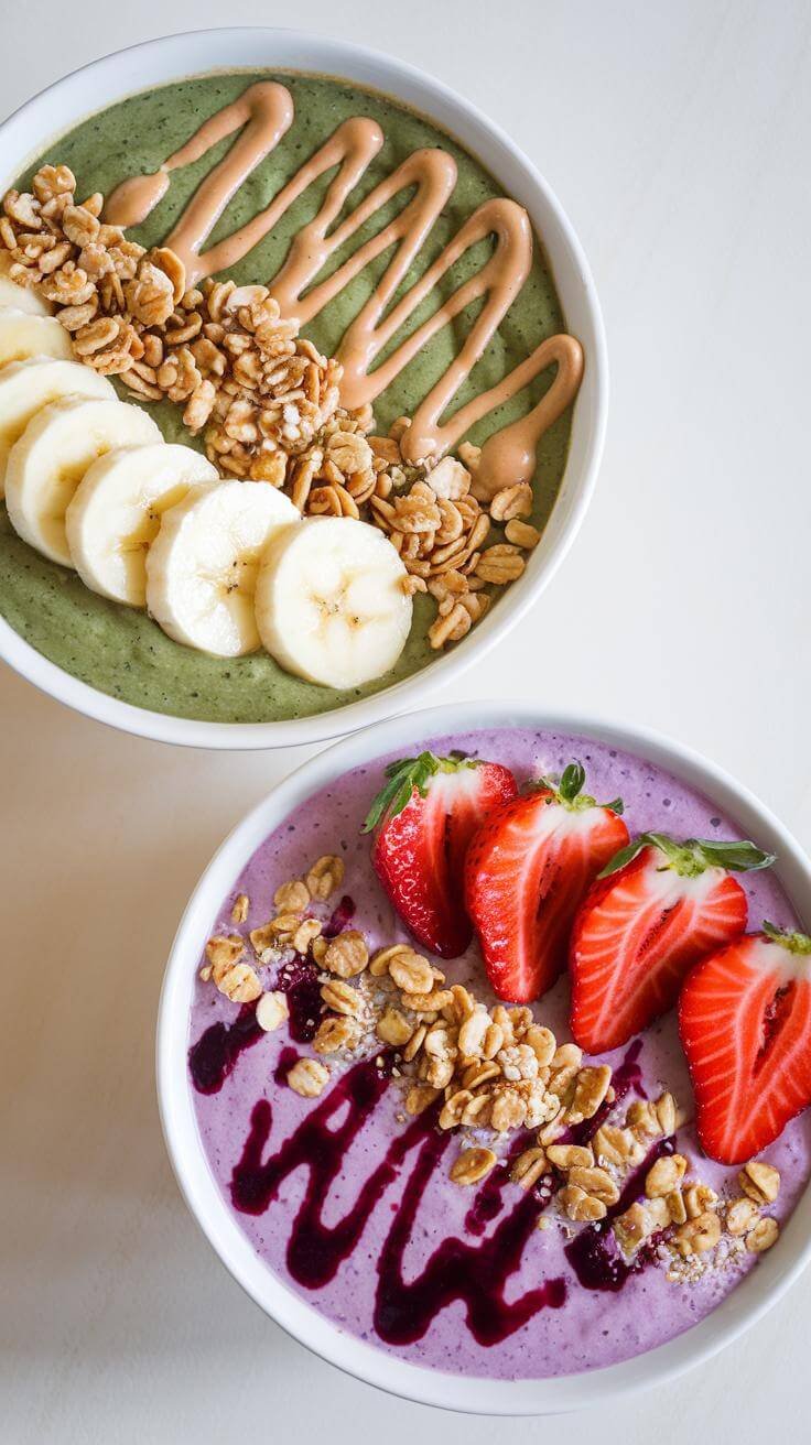 Protein Smoothie Bowl: Your Ultimate Post-Workout Powerhouse 8 Overhead view of two smoothie bowls topped with sliced bananas, peanut butter drizzle, and granola.