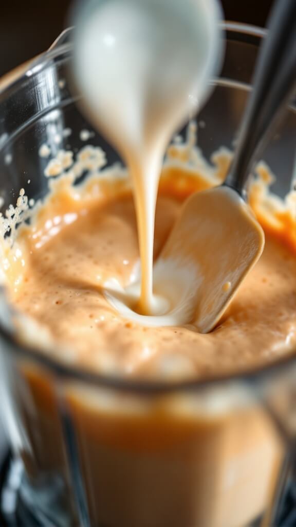 Protein Coffee Smoothie 8 Spatula stirring smoothie in a blender while adding milk to adjust consistency, highlighted by soft side lighting