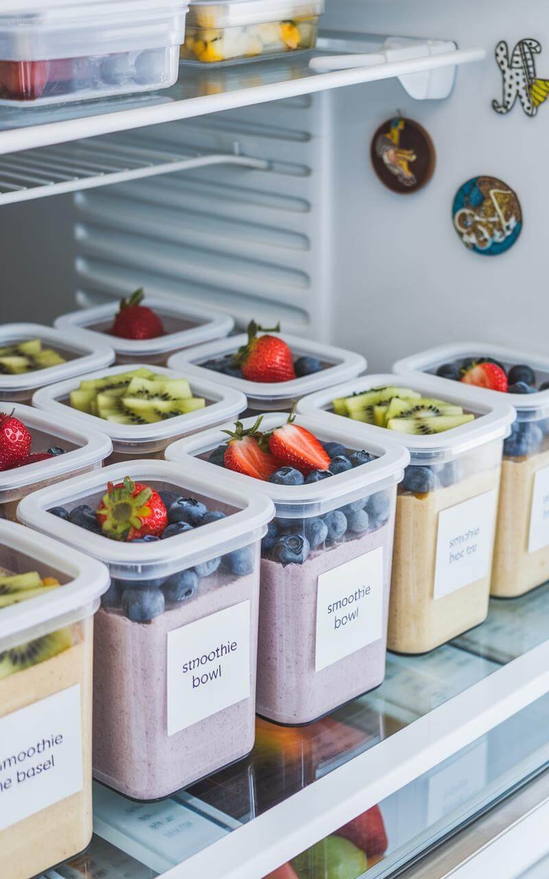 Protein Smoothie Bowl: Your Ultimate Post-Workout Powerhouse 5 Smoothie bowls neatly arranged in glass jars inside a refrigerator for meal prep.