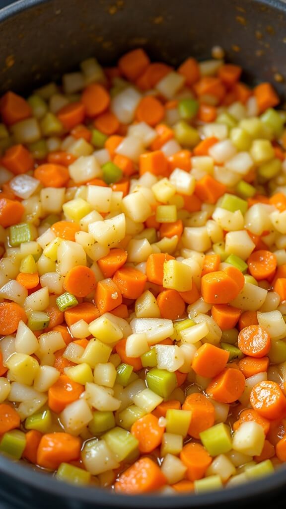 Soffritto vegetables cooking in a dutch oven