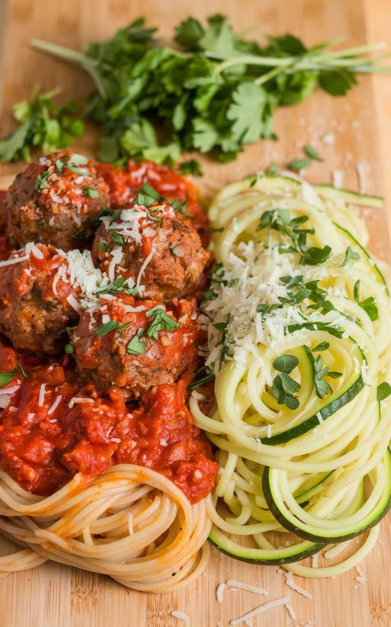 Side-by-side comparison of traditional spaghetti and spiralized zucchini noodles, illustrating a healthier low-carb alternative.