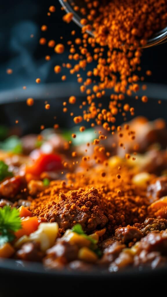 Bison Chili Recipe 5 Close-up image of vibrant spices including chili powder, cumin, and paprika being sprinkled onto a meat and vegetable mixture, with the spices catching the light