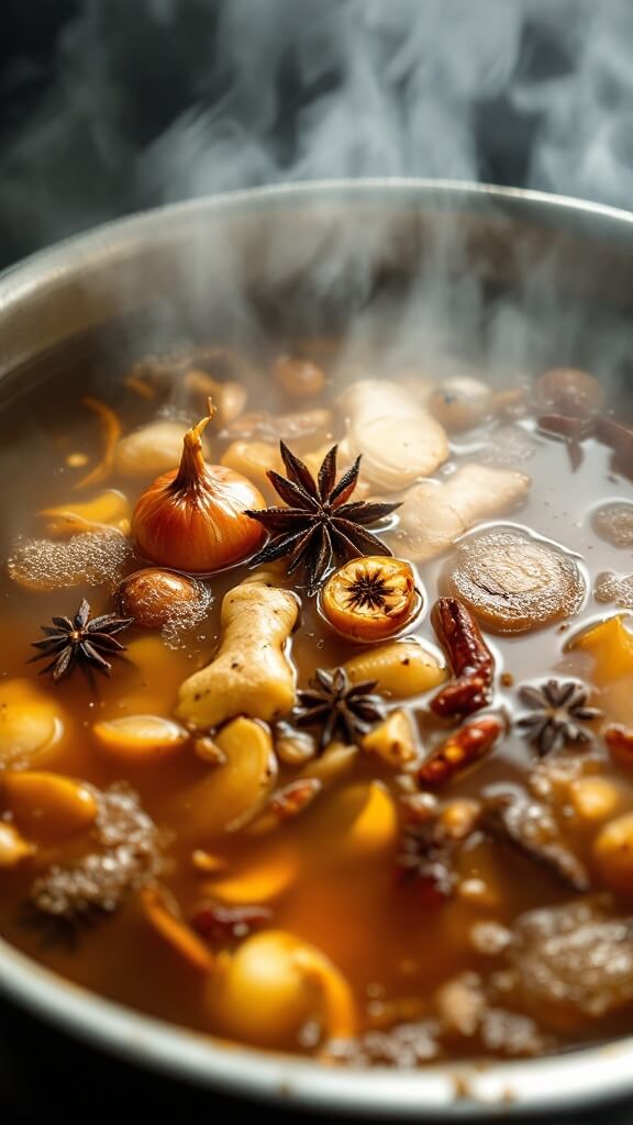 Steam rising from a large stock pot filled with amber broth featuring charred onions, ginger, and spices