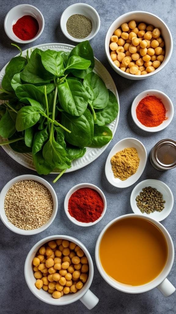 Ingredients for spinach chickpea curry laid out, including fresh spinach, canned chickpeas, onion, garlic, ginger, tomatoes, spices, and oil.