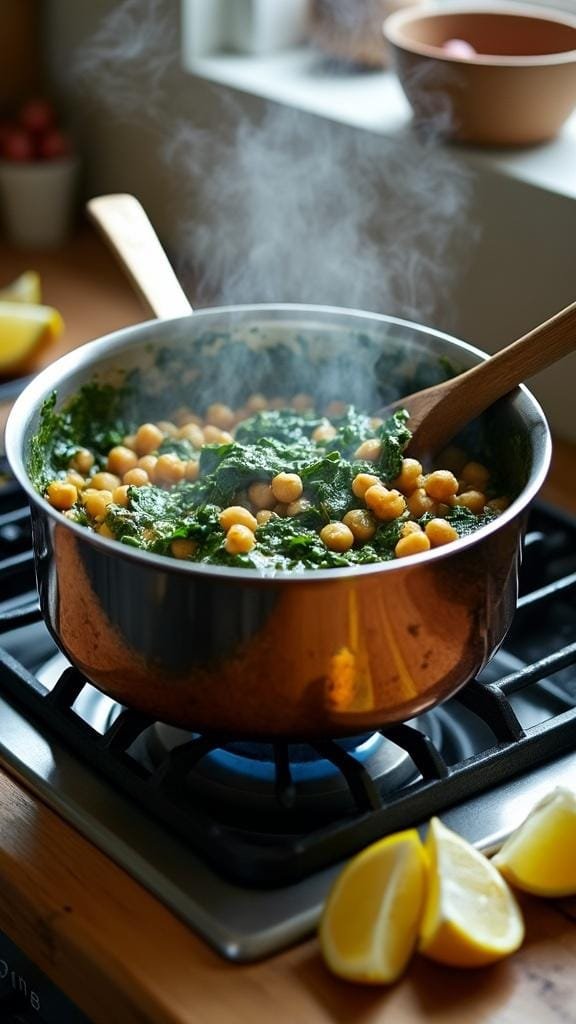 A pot of spinach chickpea curry simmering on a stovetop.