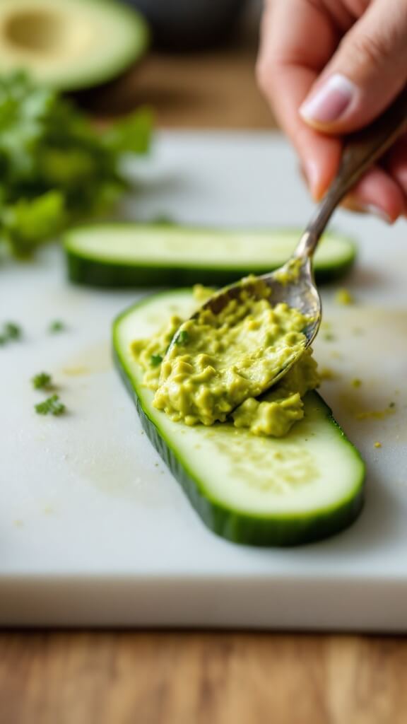 Hands spreading avocado mixture on cucumber strip on cutting board