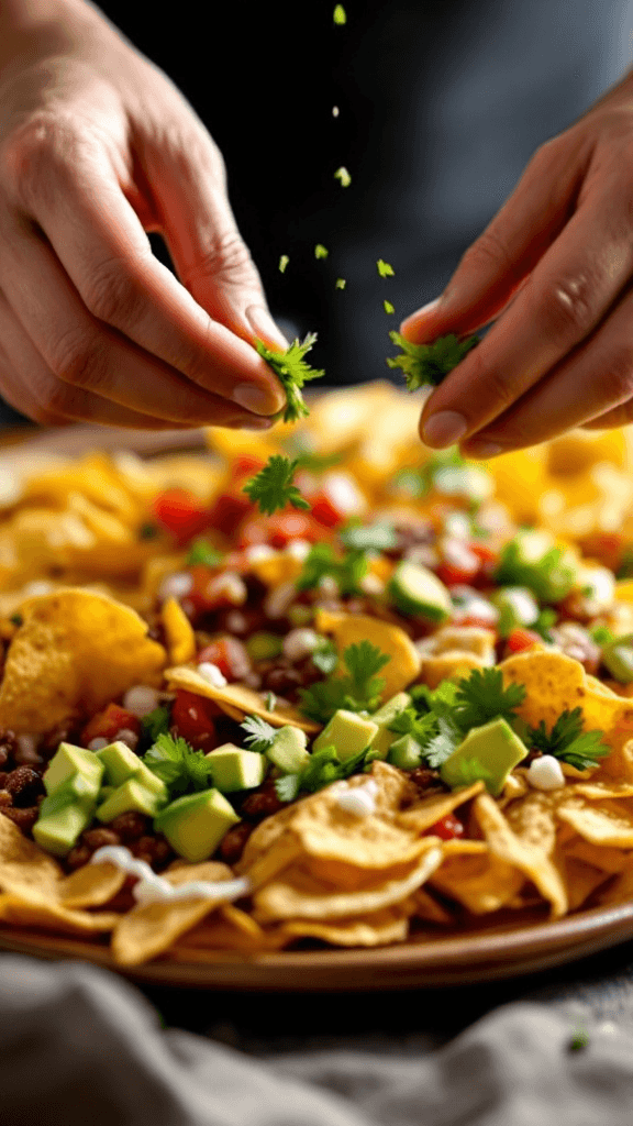 Healthy Nachos: A Guilt-Free Game Day Delight 6 Hands sprinkling fresh cilantro and diced avocado over a hot platter of baked nachos with melted cheese.