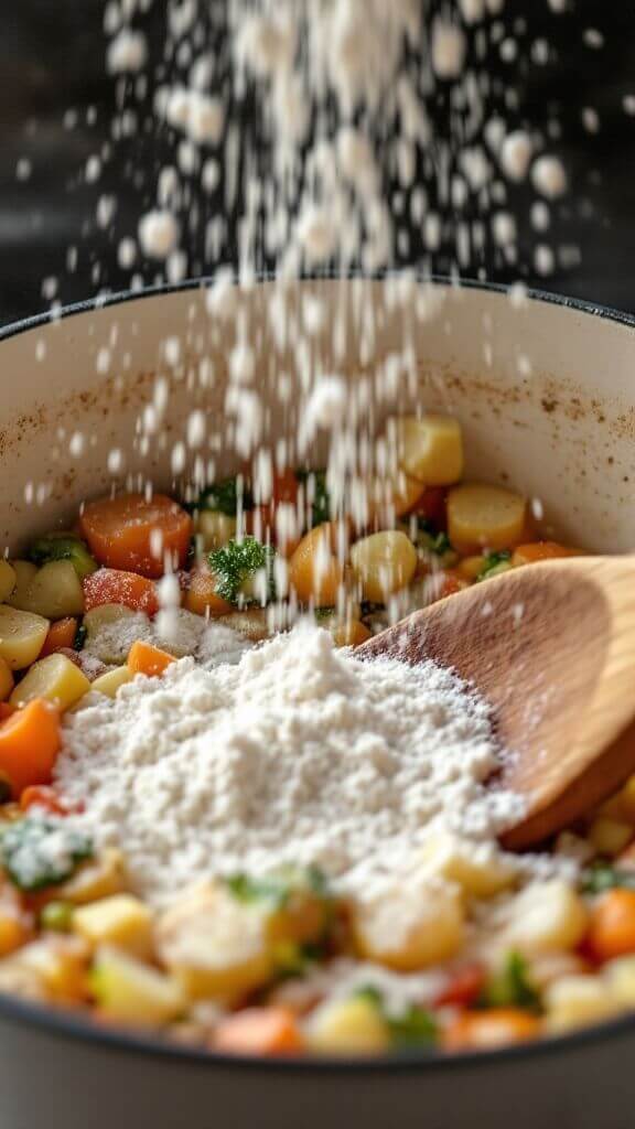 Classic Rabbit Stew (Hasenpfeffer) 7 Sprinkling flour over softened vegetables in a dutch oven, wooden spoon stirring in progress