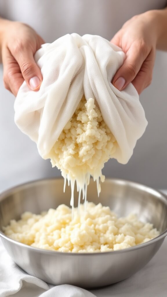 Crispy Cauliflower Pizza Crust (Keto &Amp; Gluten-Free) 5 Squeezing cooked cauliflower rice in white cheesecloth over a stainless steel bowl to remove excess moisture