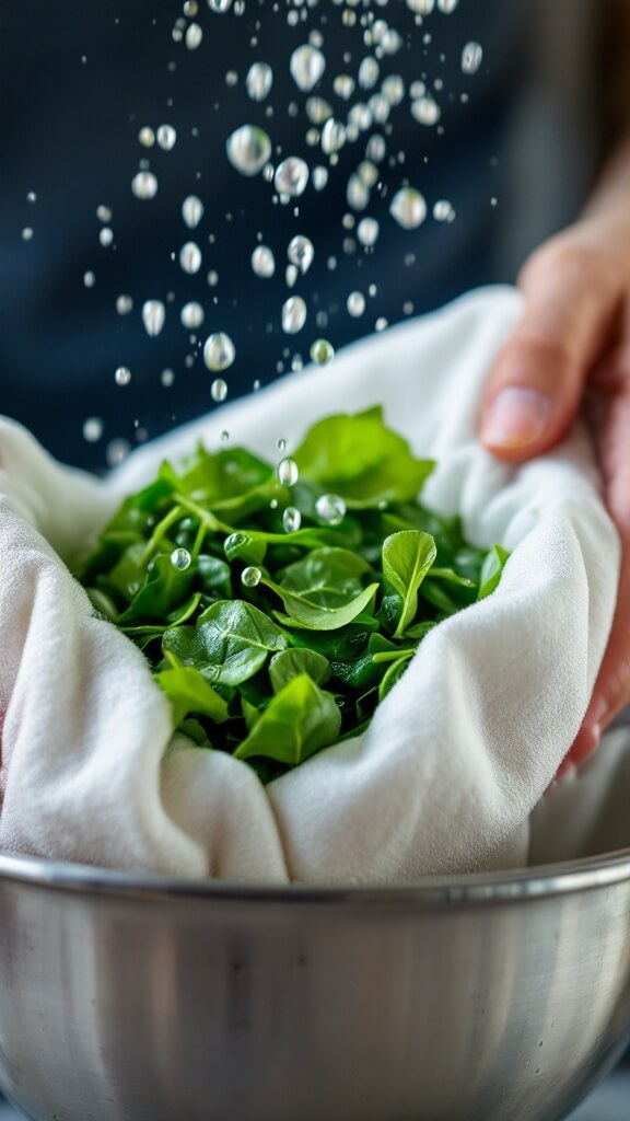 Squeezing thawed spinach through a white cloth into a metal bowl, showcasing falling water droplets and the compacting of the spinach