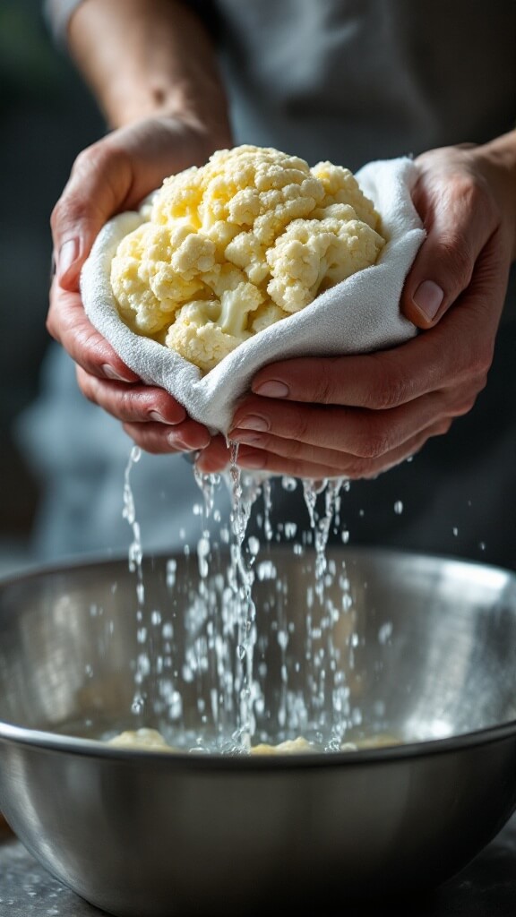 Hands squeezing water from steamed cauliflower into a metal bowl in natural light