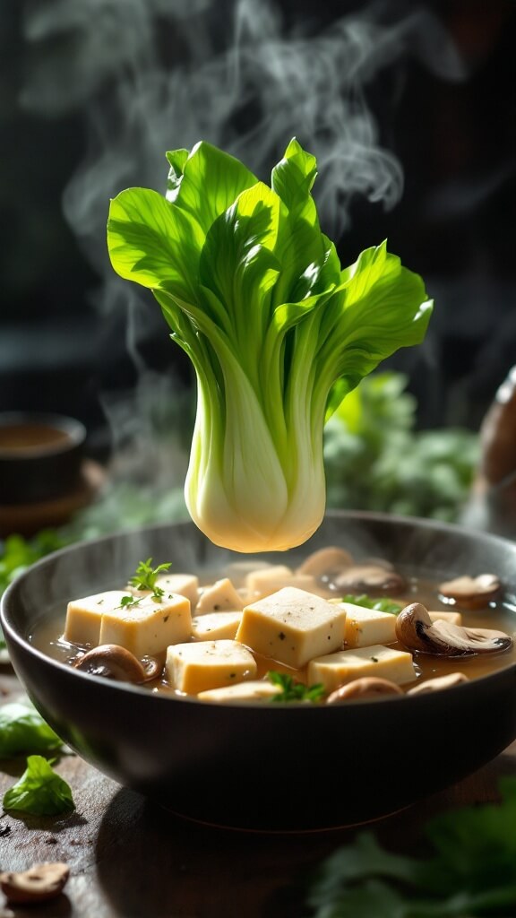 Green baby bok choy being lowered into steaming broth with tofu cubes and mushrooms, steam catching light