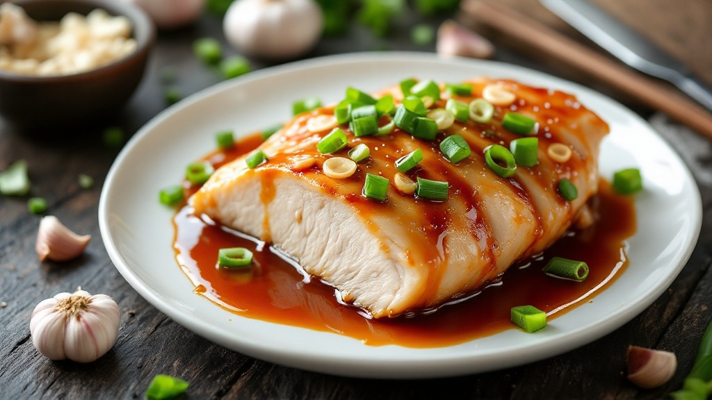 "perfectly steamed asian-style chicken breast with oyster sauce, garnished with scallions and ginger, positioned on a dark wooden surface under natural lighting"