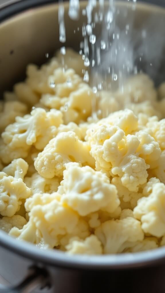 Steamed cauliflower florets being drained in a colander with steam and water droplets visible