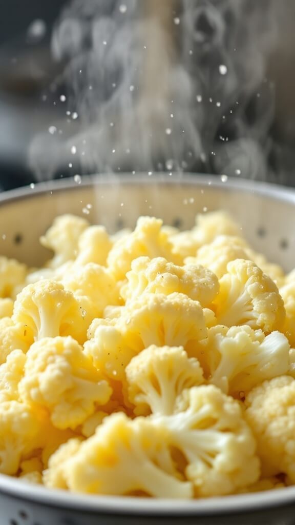 Steamed cauliflower florets in a colander with visible steam and water droplets, showcasing their fork-tender texture in a kitchen setting